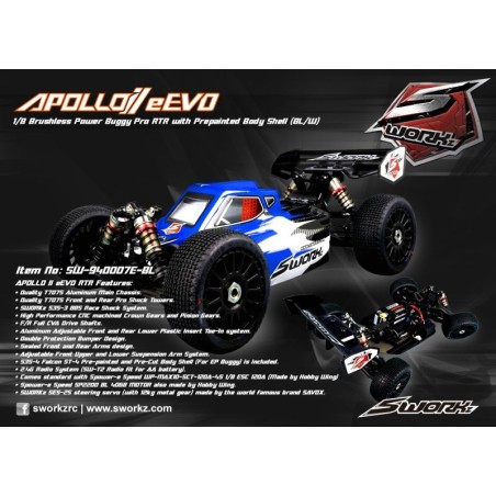 Buggy électrique brushless SWORKz Apollo II eEVO 1/8 Pro RTR avec carrosserie prépeinte